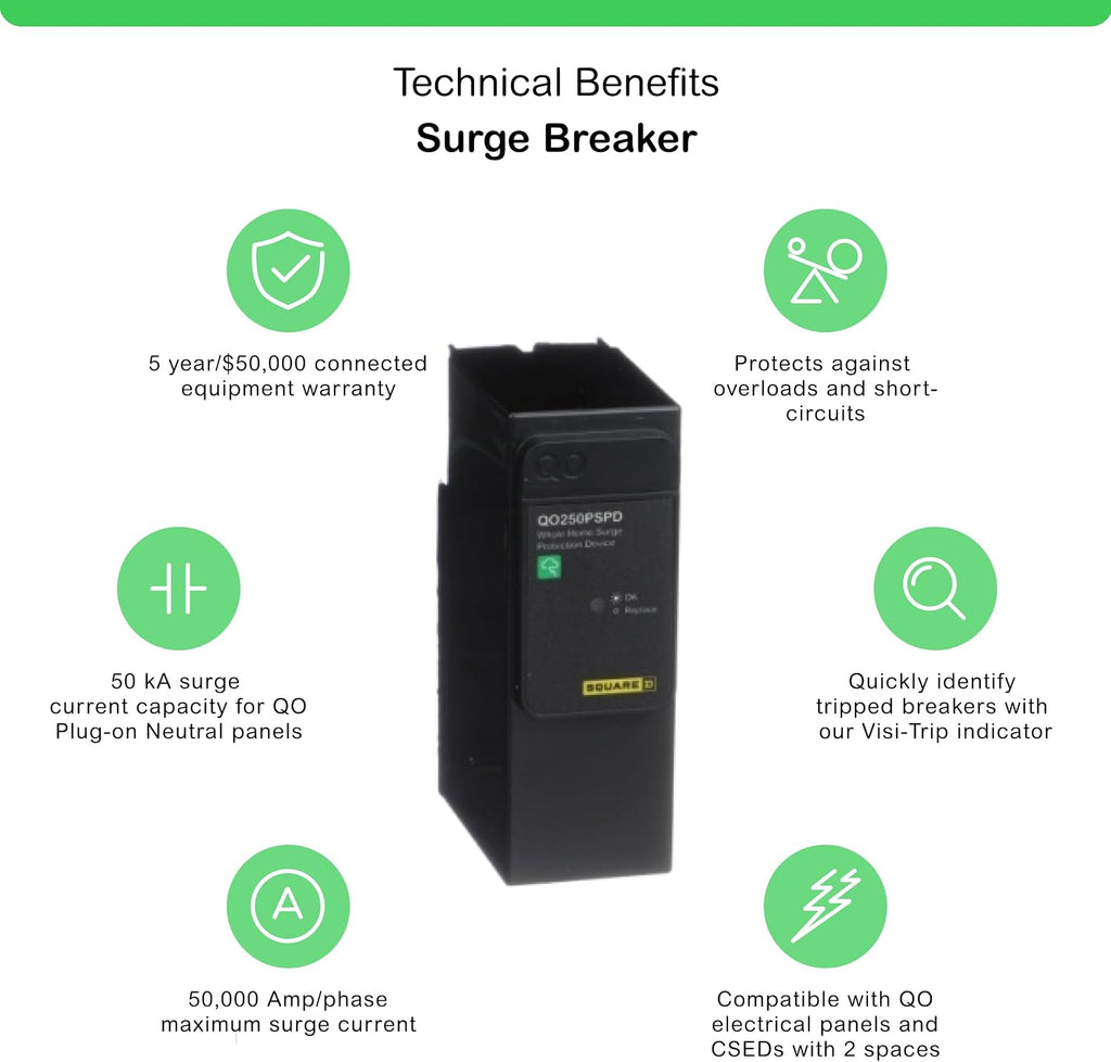 Square D - QO250PSPD QO Whole House Surge Protection Device, 50kA, 120/240V, 1-Phase, No Wiring, Plug-On Neutral
