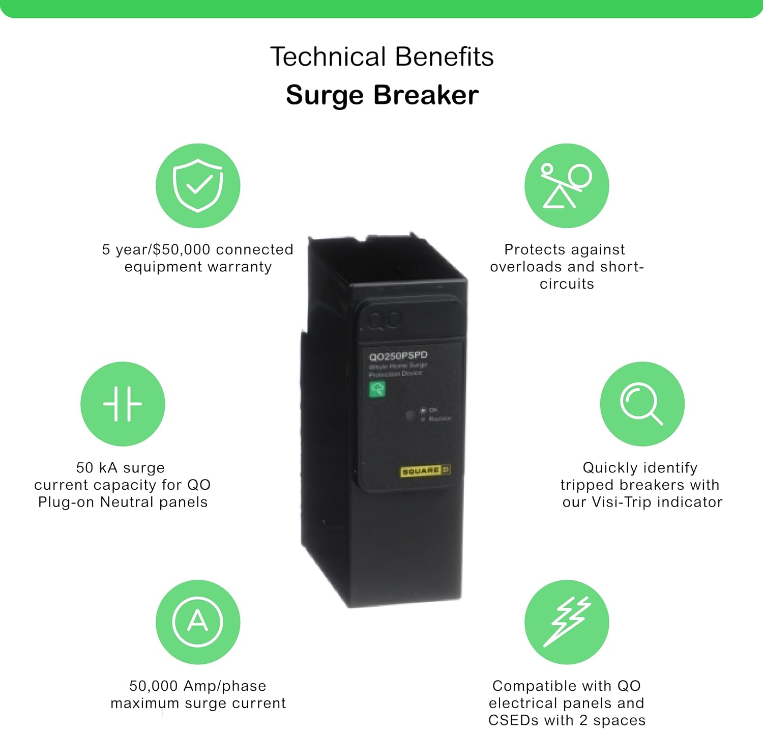 Square D - QO250PSPD QO Whole House Surge Protection Device, 50kA, 120/240V, 1-Phase, No Wiring, Plug-On Neutral
