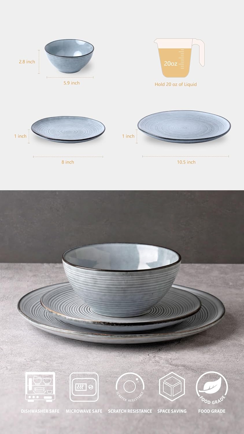 famiware Tempus Plates and Bowls Sets for 8, 24 Pieces Stoneware Dinnerware Sets, Dishes Set, Reactive Glaze Dishware Sets, Dishwasher & Microwave Safe - Pearl Blue