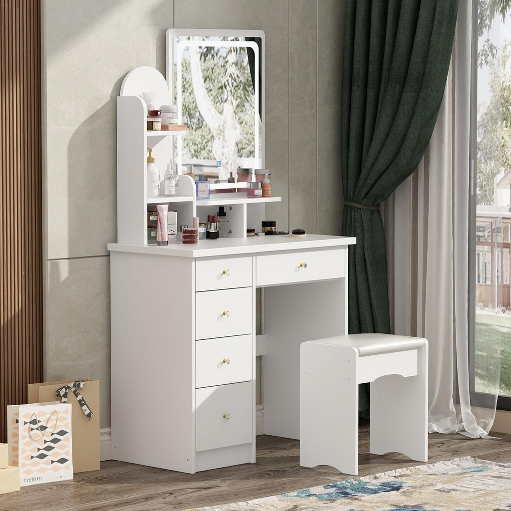 FUFU&GAGA Vanity Desk Set with Lighted Mirror, Makeup Vanity Dressing Table with Shelves & Cushioned Stool, White, 31.5' W x 15.7' D x 55.1' H