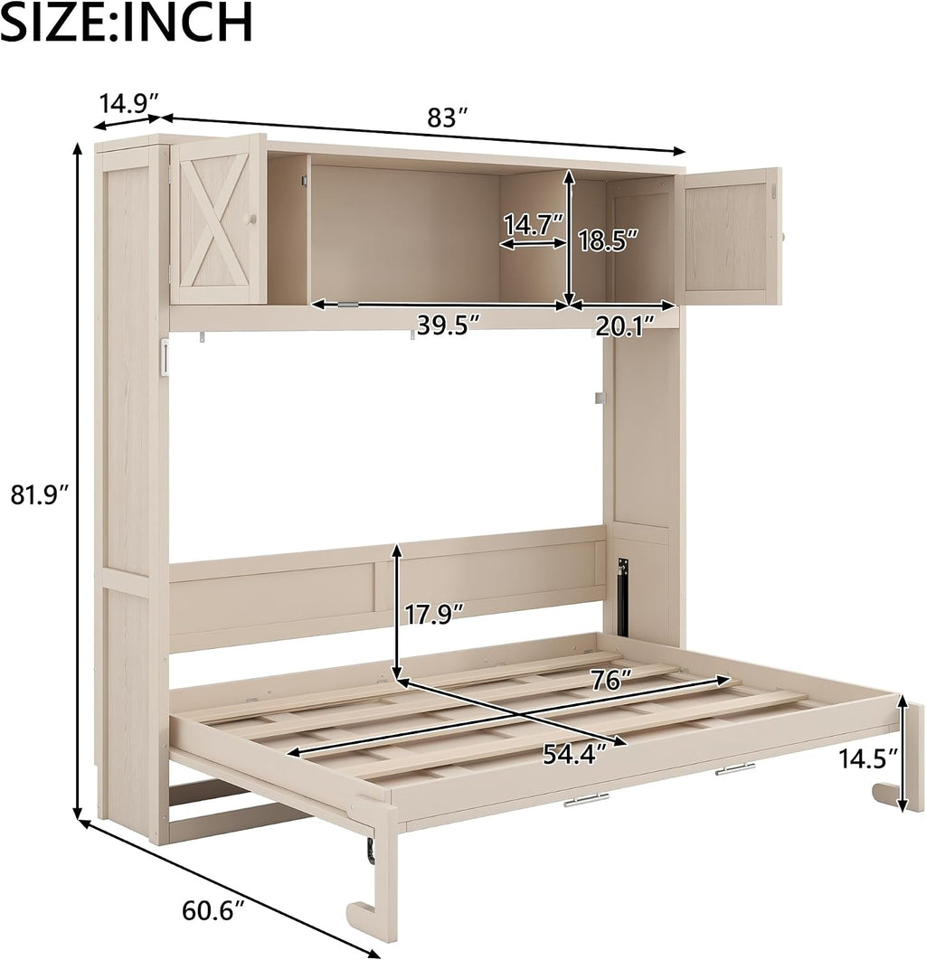 Harper & Bright Designs Full Size Murphy Bed, Wood Hidden Foldable Wall Bed Frame with Storage Cabinet for Bedroom, Office, Space-Saving, Beige
