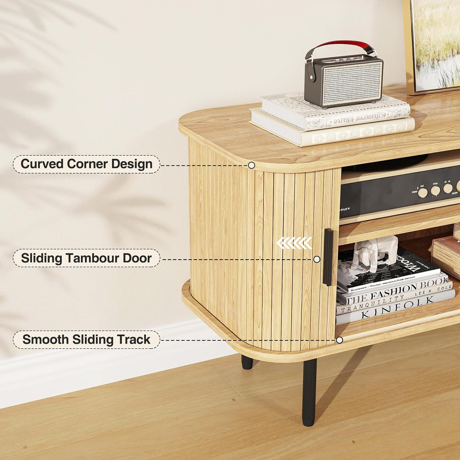 FiveWillowise 55' Natural Fluted TV Stand for TVs up to 65 Inch, Gaming Entertainment Center with Tambour Slatted Sliding Doors and Storage Cabinet, Media TV Consoles Table for Living Room, Office