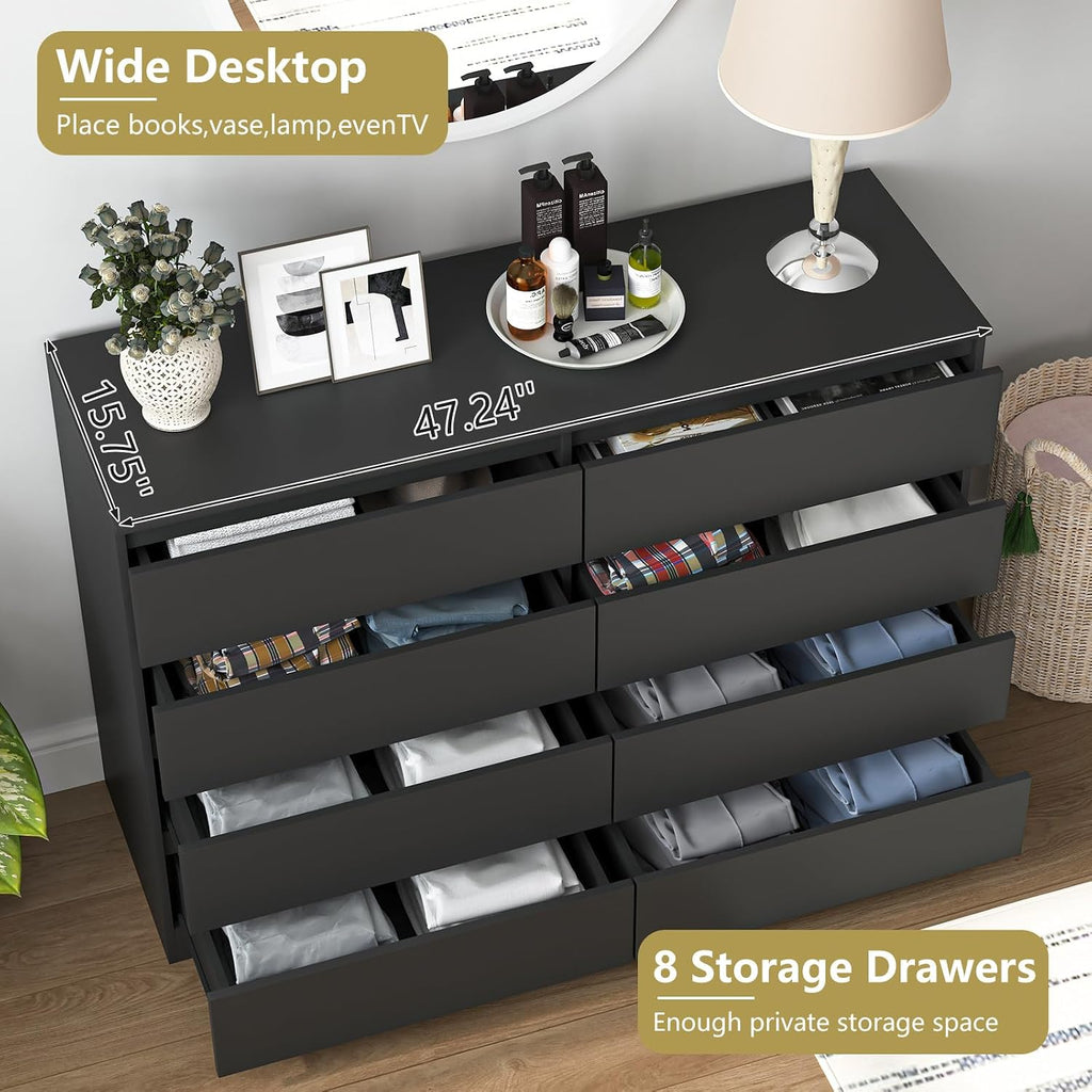 Black 8 Drawer Dresser for Bedroom,Modern Large Dresser with Deep Drawer,Wide Storage Chest of Drawer, Bedroom Storage Furniture Drawers for Bedroom
