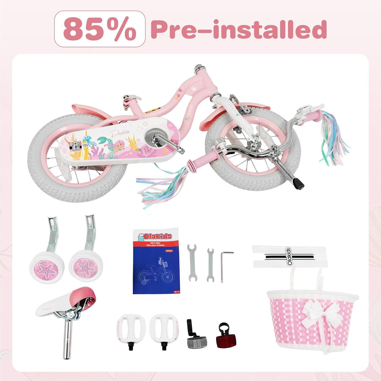 Olakids Kids Bike, 12 14 16 18 20 Inch Mermaid Theme Girls Bicycle with Training Wheels Basket Adjustable Seat and Handlebar Dual Brake
