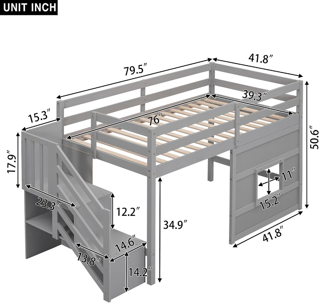 JIVOIT Low Loft Bed with Storage Staircase and Window, Twin Size Loft Bed with Guardrails and Wood Slats Support, Solid Wood Bed Frame, Space Saving Design, No Box Spring Need (Gray,Staircase+Window)