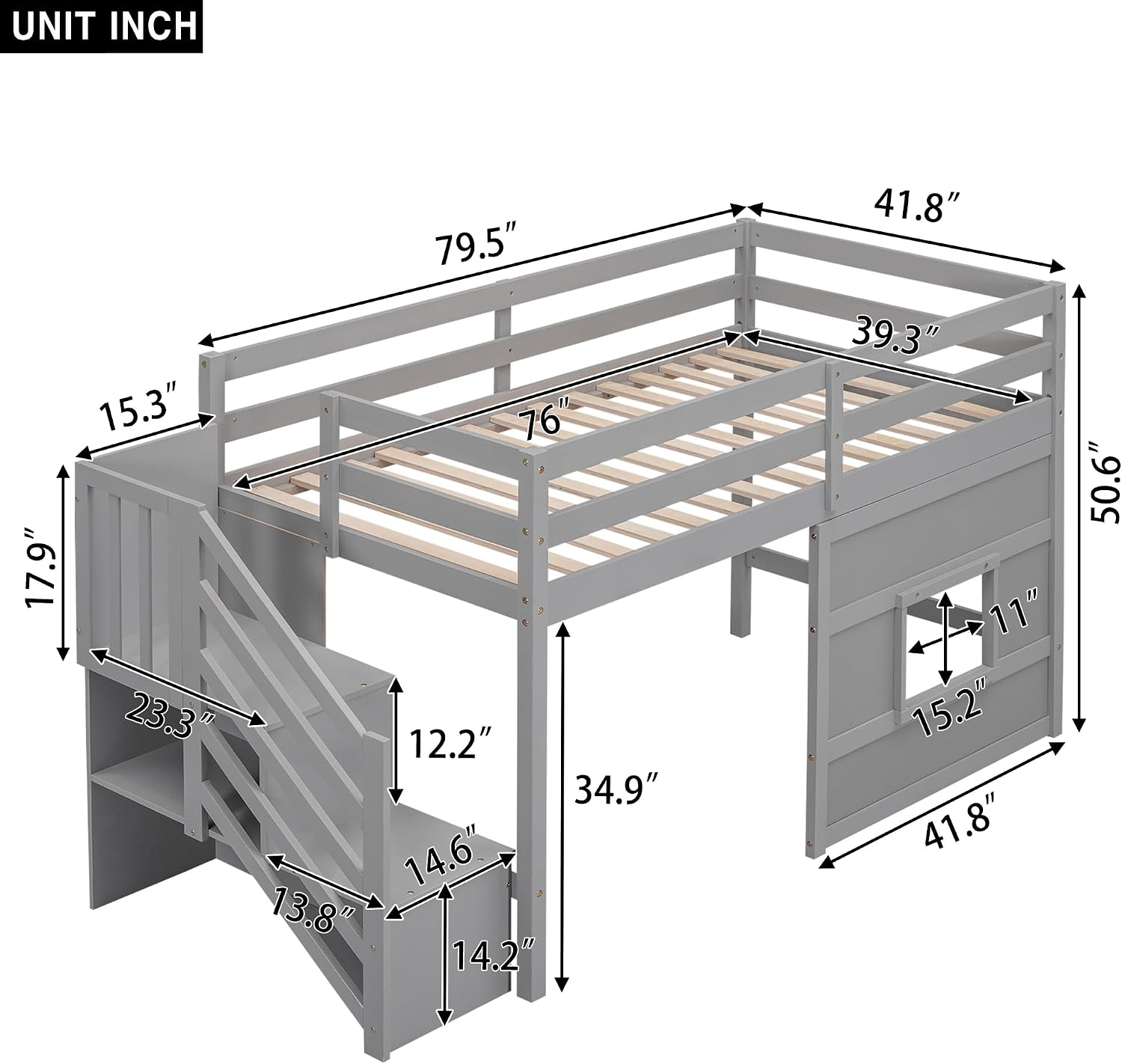 JIVOIT Low Loft Bed with Storage Staircase and Window, Twin Size Loft Bed with Guardrails and Wood Slats Support, Solid Wood Bed Frame, Space Saving Design, No Box Spring Need (Gray,Staircase+Window)