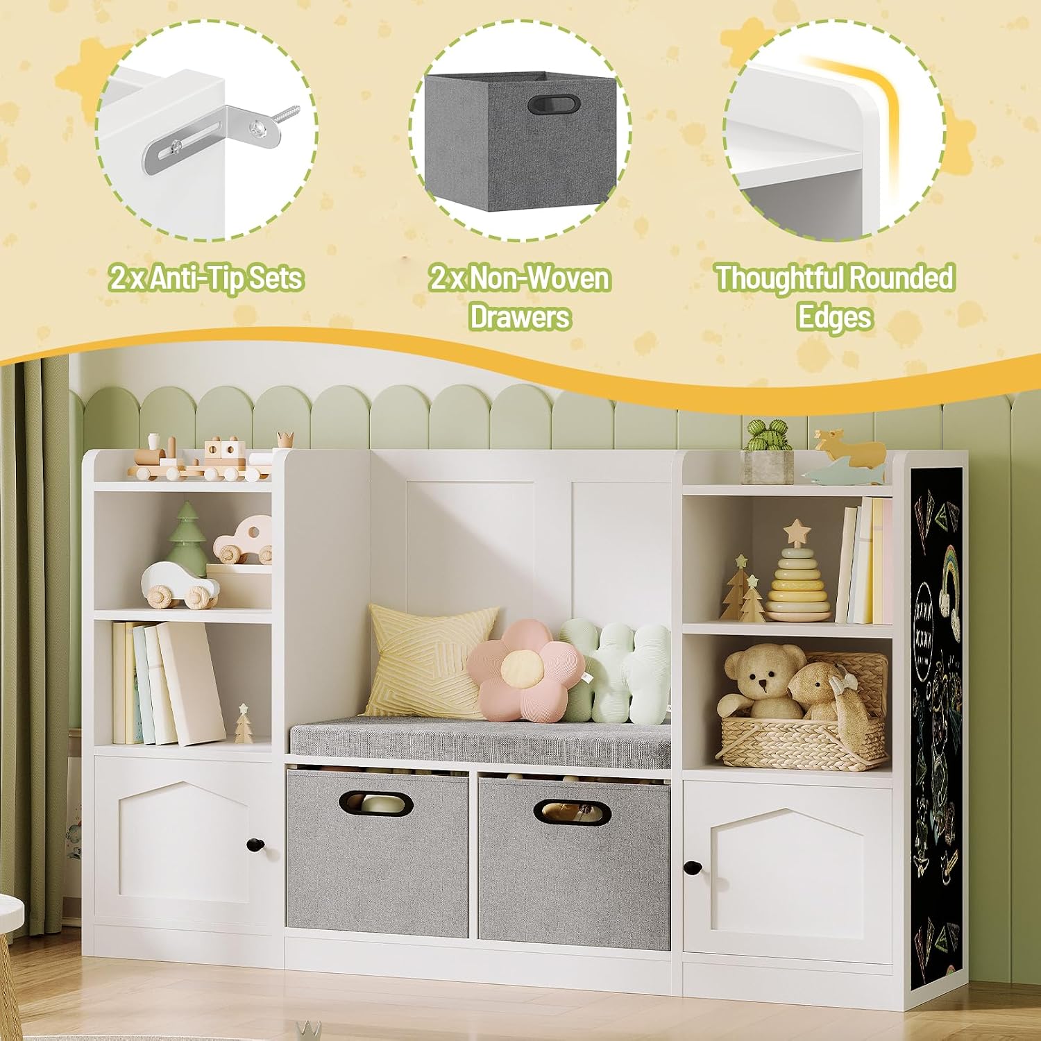 Toy Organizer and Storage, Kids Bookshelf with Seat Cushion and Chalkboard, 2 Movable Drawers, Toy Storage Box with Stuffed Animal Storage Cabinet for Kids Room, Playroom, White and Black