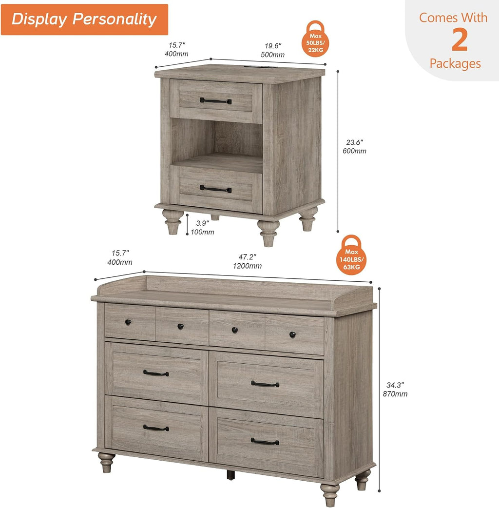 WAMPAT 2 Piece Bedroom Set - Includes 6 Drawer Dresser for Bedroom, Farmhouse Nightstand with Charging Station & Drawers & Cubby, 2 Piece Dresser and Nightstand Sets, Grey