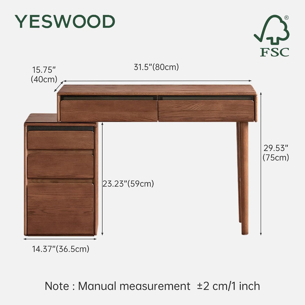 YESWOOD 32''-41'' Extendable Vanity Desk with Dresser, Oak Wood Makeup Table for Girls, Vanity Set for Bedroom, Bathroom, Study Desk for Study Room, No Chair and No Mirror