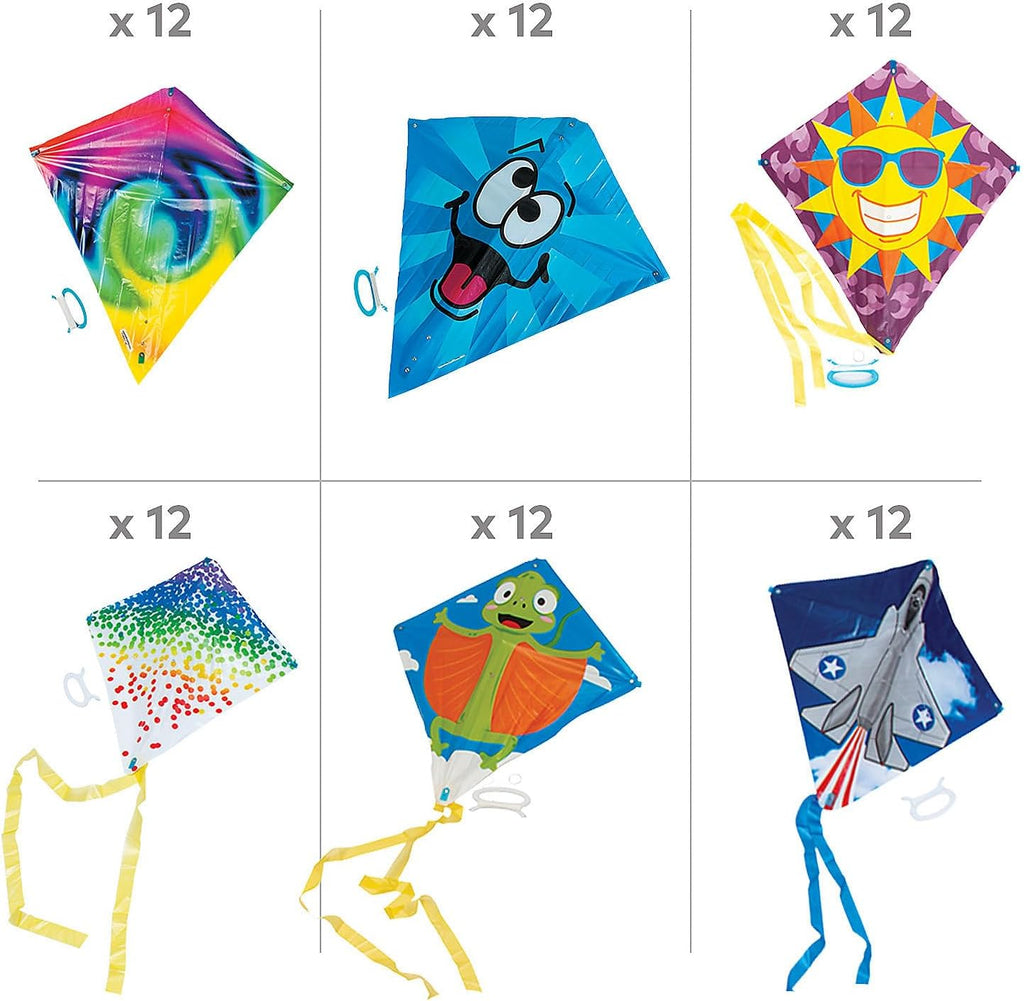 Fun Express Bulk Kites for Kids Ages 4-8 - 72 Pack Assorted Rainbow Beach Kites with String | Easy to Fly Small Kites for Toddlers, Outdoor Activities & Party Prizes | Educational Flying Toys
