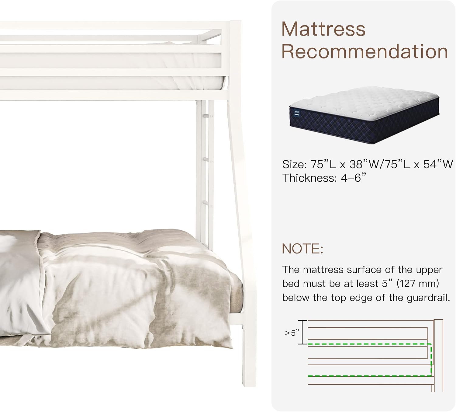 ikalido Metal Loft Bunk Bed Twin Over Full Size with Safety Guardrail and Ladder, No Box Spring Needed Space Saving Bedroom Furniture, Cream White