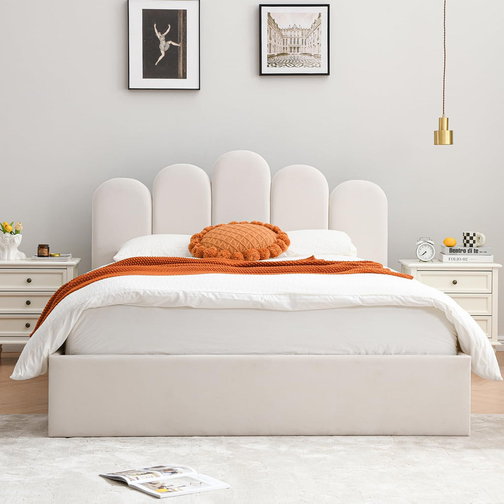 Lift Up Storage Bed Queen Size, Upholstered Platform Bed with Hydraulic Storage System & Wood Slats Support, Queen Bed Frame with Headboard, No Box Spring Needed, Easy Assembly, Cream