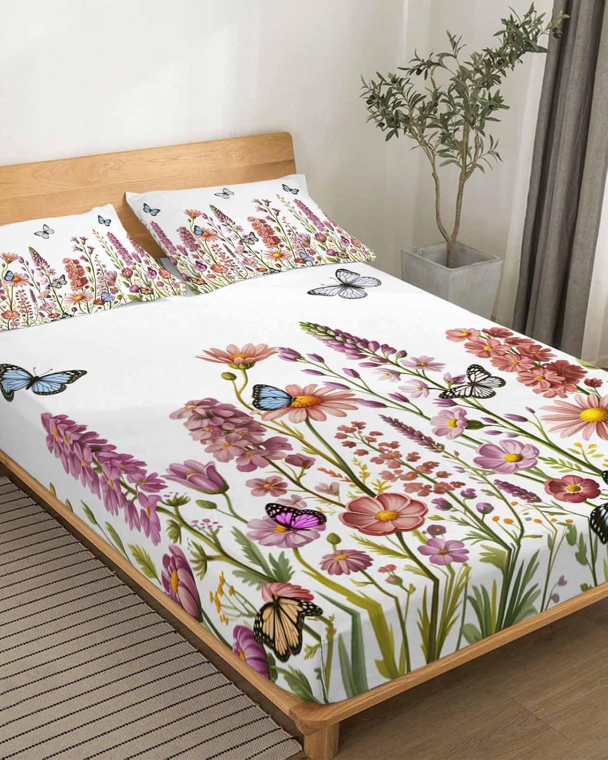 Spring Floral Cal King Sheet Set 4 Piece Bedding - Watercolor Lavender Daisy Butterflies Botanical Breathable Comfy Cooling Bed Sheets & Pillowcase Sets, Hotel Flat Sheets Deep Pockets Fitted Sheet