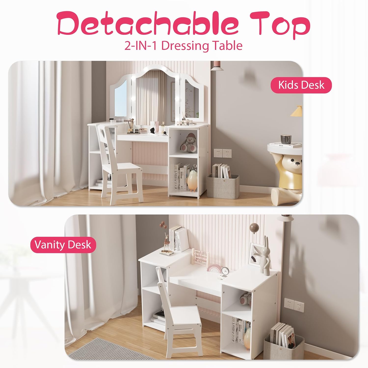 Garvee Kids Vanity Table, Princess Makeup Desk & Chair Set Withtouch Light Detachable Tri-Folding Mirror, Open Storage Shelves, Wooden Girls Vanity Dressing Table, Pretend Play Vanity Set for Toddler