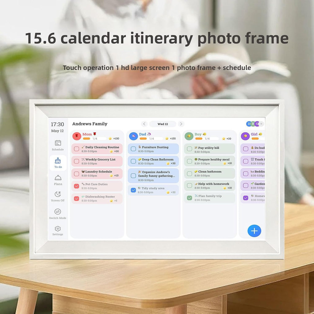 15.6 Inch Smart Digital Calendar & Chore Chart – 1080P Full HD Touchscreen Interactive Display, Family Planner for Schedules, Meal & Duty Tracking, Desk/Wall Mount with Photo Frame Function