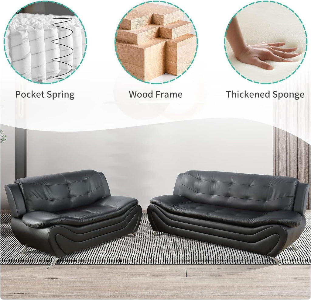 Contemporary Living Room Furniture Set, Vegan Leather Sofa Set for Living Room/House/Bedroom/Office/Apartment (Black, Sofa&Loveseat)