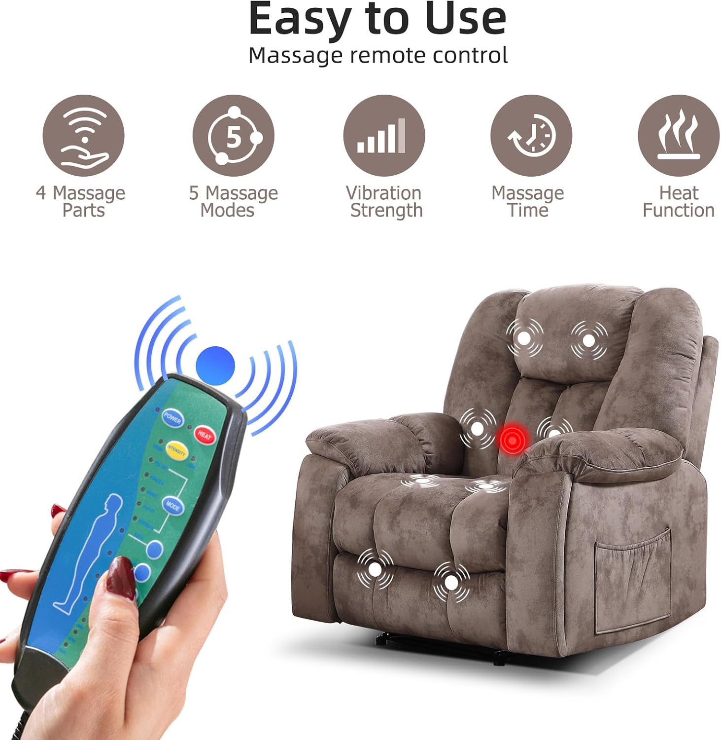 EBELLO Manual Recliner Chair with Massage and Heat, Soft Fabric Massage Recliner for Adults with Hidden Cup Holders, Side Pocket, Overstuffed Single Reclining Sofa for Living Room, Brown