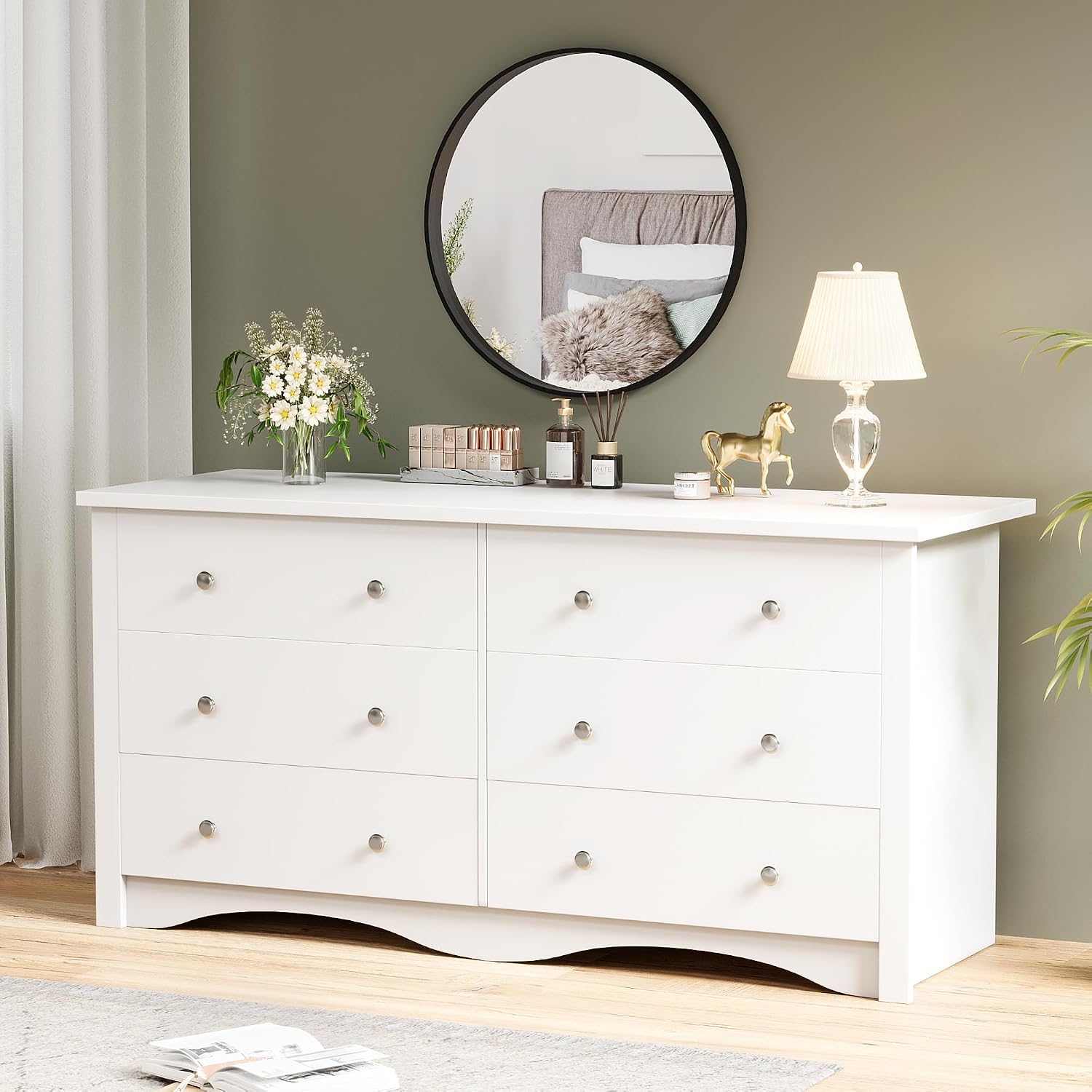 YESHOMY 6 Drawer Dresser for Bedroom, 47.2'' Wood White Dresser, Chest of Drawers Storage Organizer, TV Stand for 55 inch TV, for Living Room, Hallway, Closet