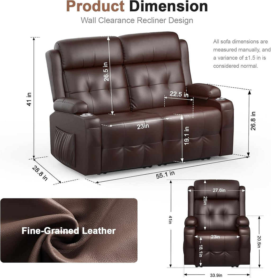 Reclining Loveseat, 1 Single Power Heat & Massageable Recliner Chair with Storage, Cup Holders, Oversized Massage Sofa Heavy Weight Capacity, Wall Hugger Couches for Living Room & RV