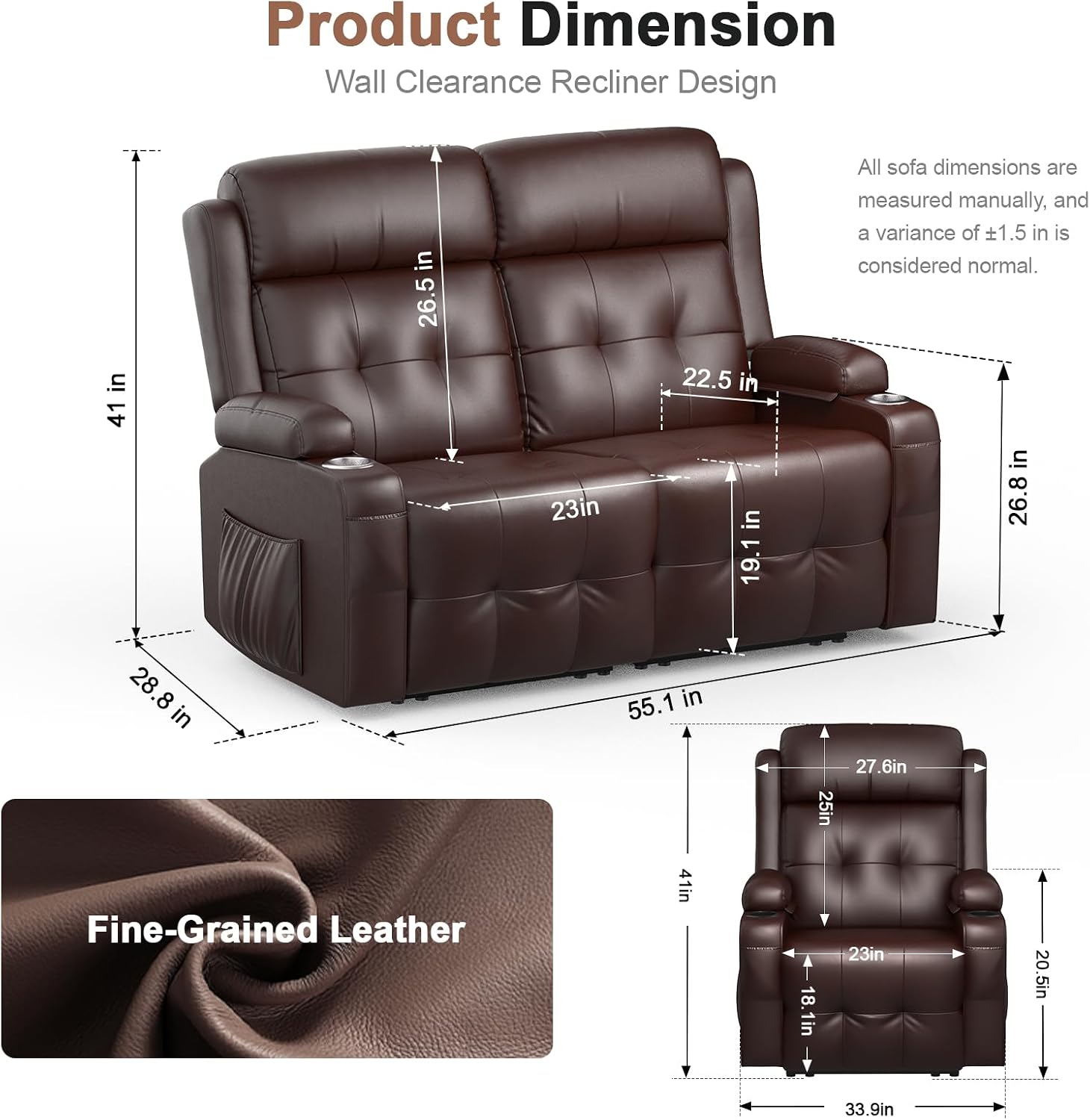 Reclining Loveseat, 1 Single Power Heat & Massageable Recliner Chair with Storage, Cup Holders, Oversized Massage Sofa Heavy Weight Capacity, Wall Hugger Couches for Living Room & RV