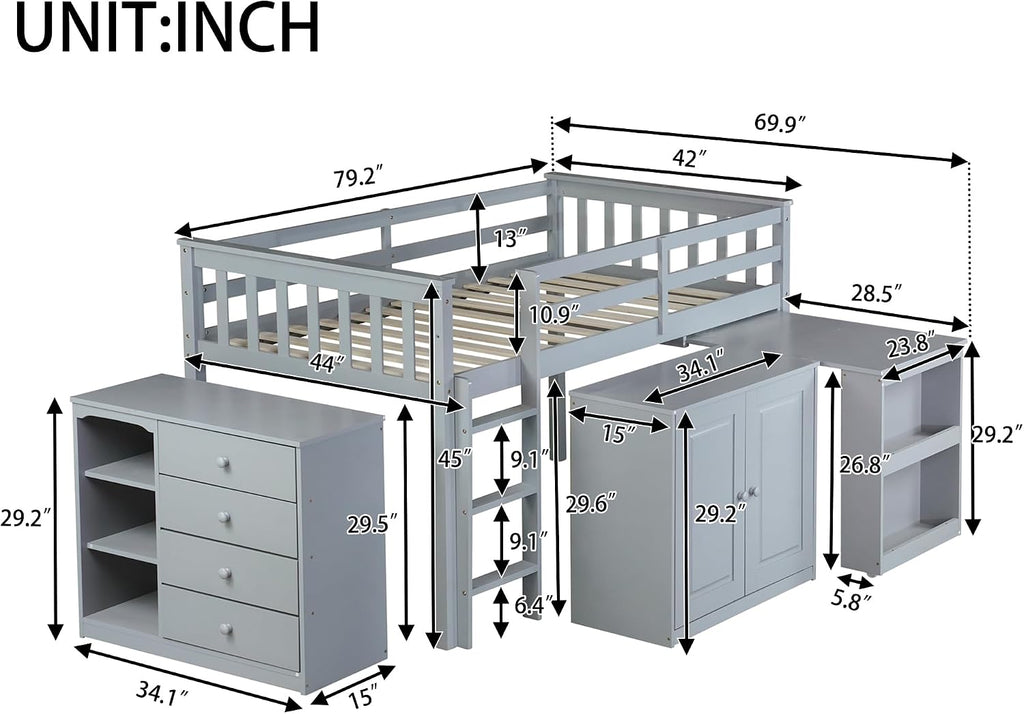 JIVOIT Twin Size Low Loft Bed, Multifunctional Loft Bed with Pulling-Out Desk, Storage Cabinet, Drawer and Shelf Cabinet, Rubber Wood Loft Bed with Safety Guardrail, Ladder, Easy Assembly (Grey/262)