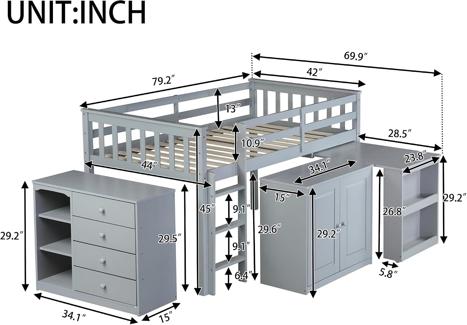 JIVOIT Twin Size Low Loft Bed, Multifunctional Loft Bed with Pulling-Out Desk, Storage Cabinet, Drawer and Shelf Cabinet, Rubber Wood Loft Bed with Safety Guardrail, Ladder, Easy Assembly (Grey/262)