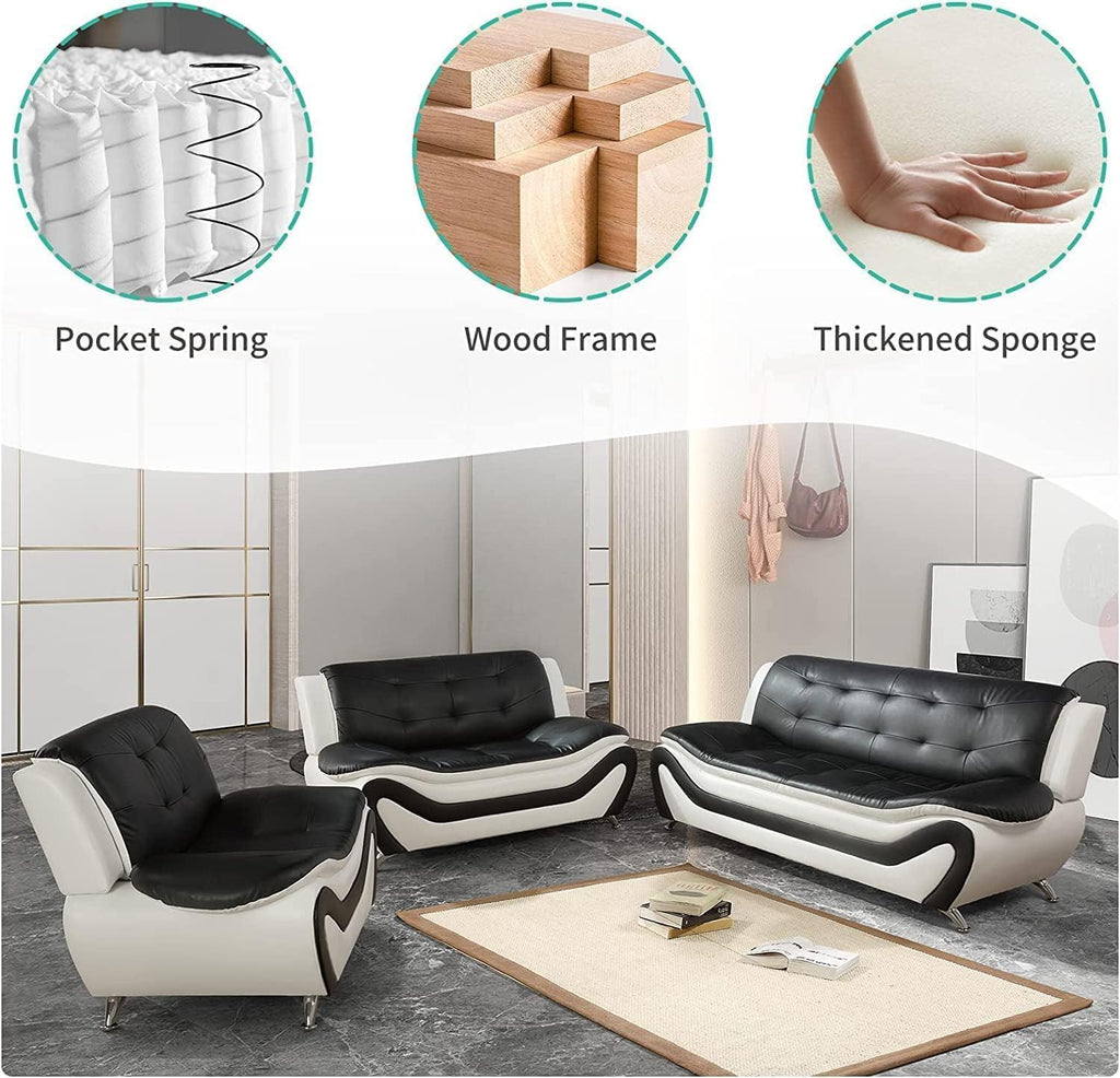 Contemporary Living Room Furniture Set, Vegan Leather Sofa Set for Living Room/House/Bedroom/Office/Apartment (Black&White, Sofa;Love;Chair)