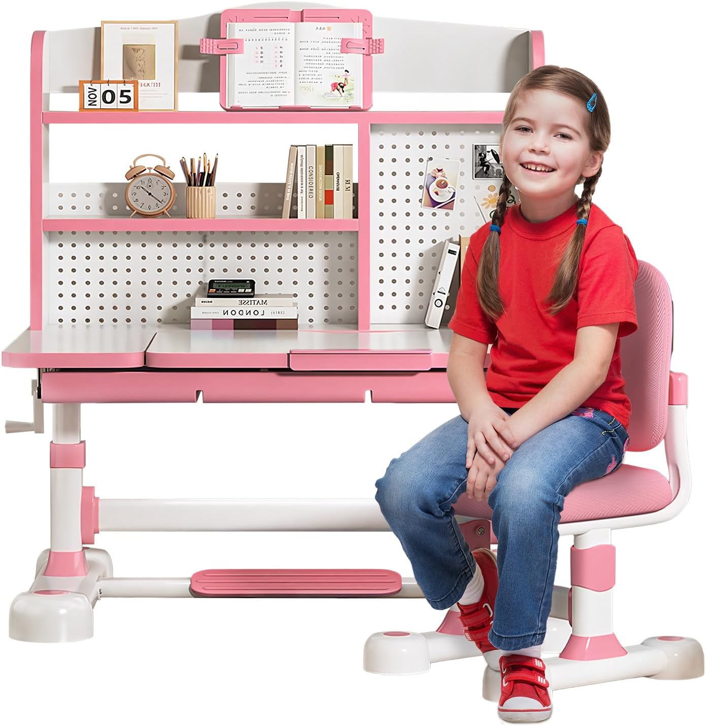 Kids Functional Desk and Chair Set – Ergonomic Height Adjustable Art Desk with One-Touch Tilting Desktop, Book Stand, Reading Rack & Storage Drawer for Children Boys & Girls (013-Pink)