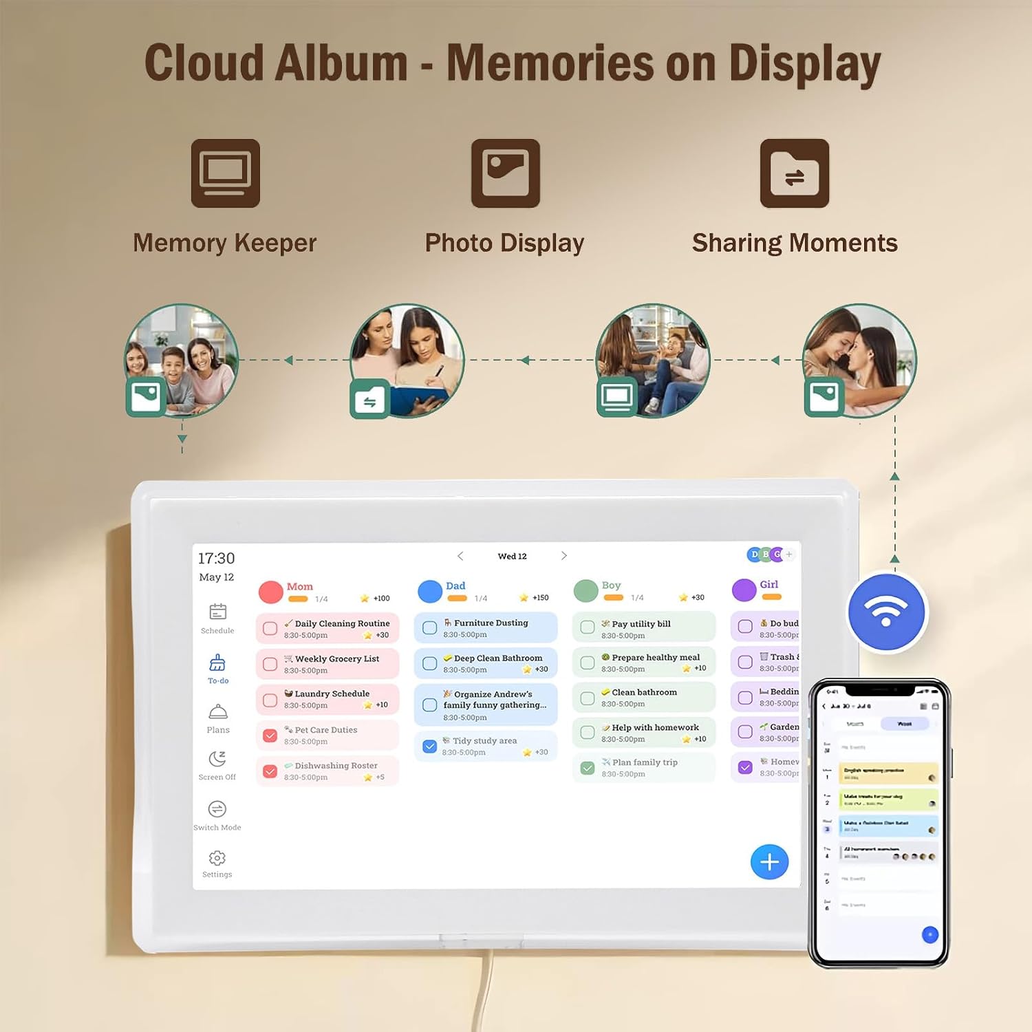Bewinner 15.6 Inch Smart Digital Calendar, 1080P HD Touchscreen WiFi Family Planner with App Control, 32GB Storage, Cloud Photo Frame Art Gallery for Home Organization (US Plug)