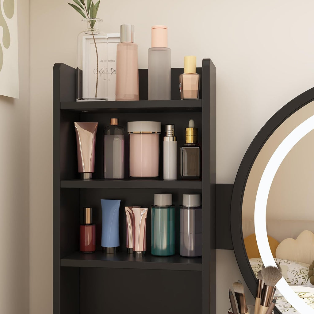Vanity Desk Set with Lighted Mirror, Makeup Vanity with 5 Drawer & Shelf, Dressing Table with Touch Screen Light & Jewelry Organizer for Bedroom, Black (Lighted Mirror)