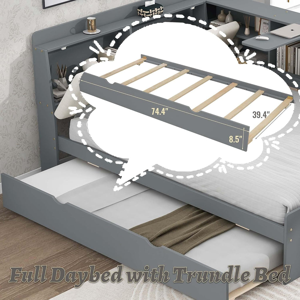 Full Size Corner Bed Frame with Trundle,Solid Wood Platform Bed with Upholstered Headboard, Rotatable Board and Bookcase, Storage Corner Beds Full for Kids Girls Boys(Gray)