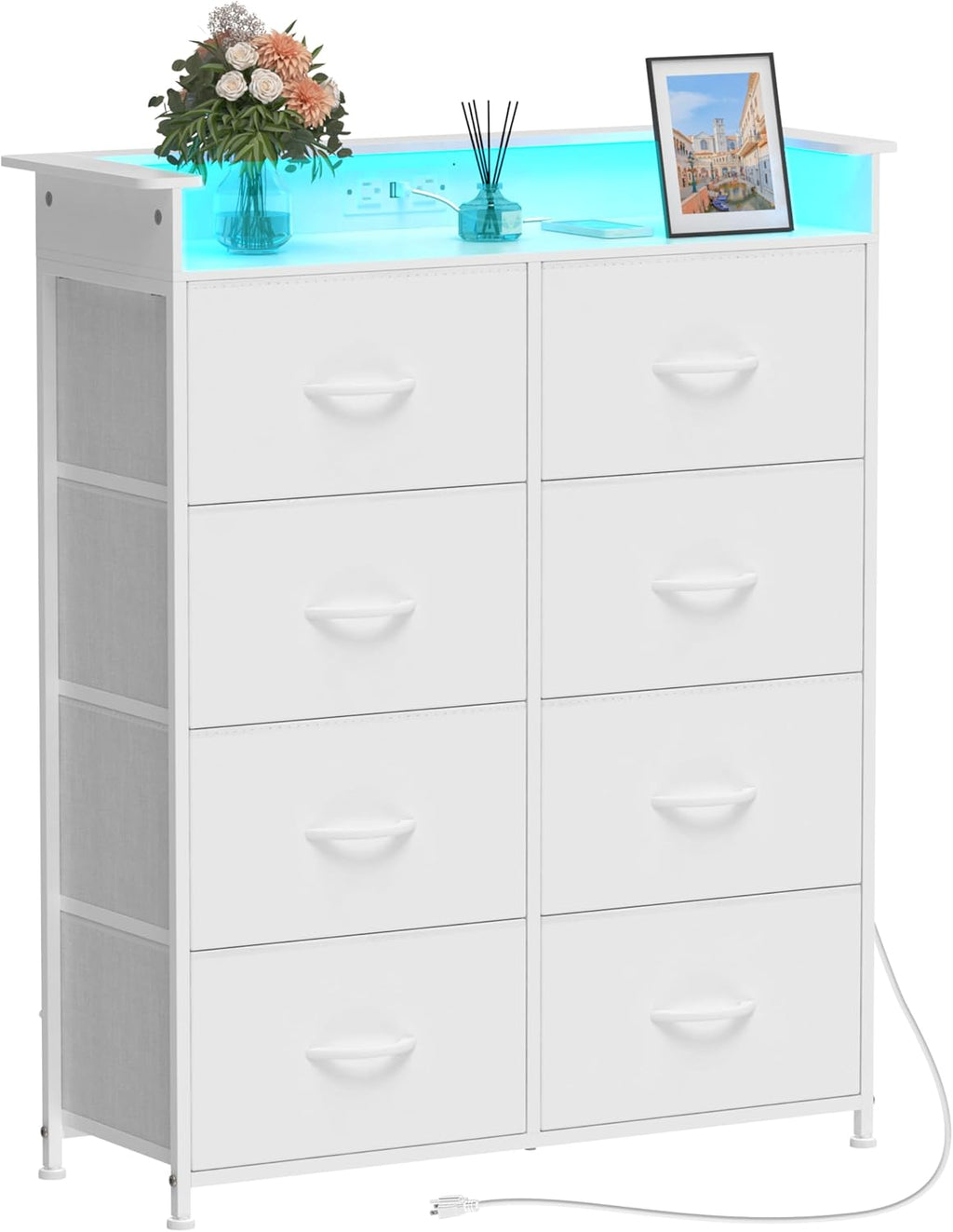 White Dresser for Bedroom with Power Outlets and LED Lights Narrow 8 Fabric Drawers Dressers Tall Storage Tower Unit for Entryway Closet Hallway Living Room Sturdy Steel Frame Wooden Top