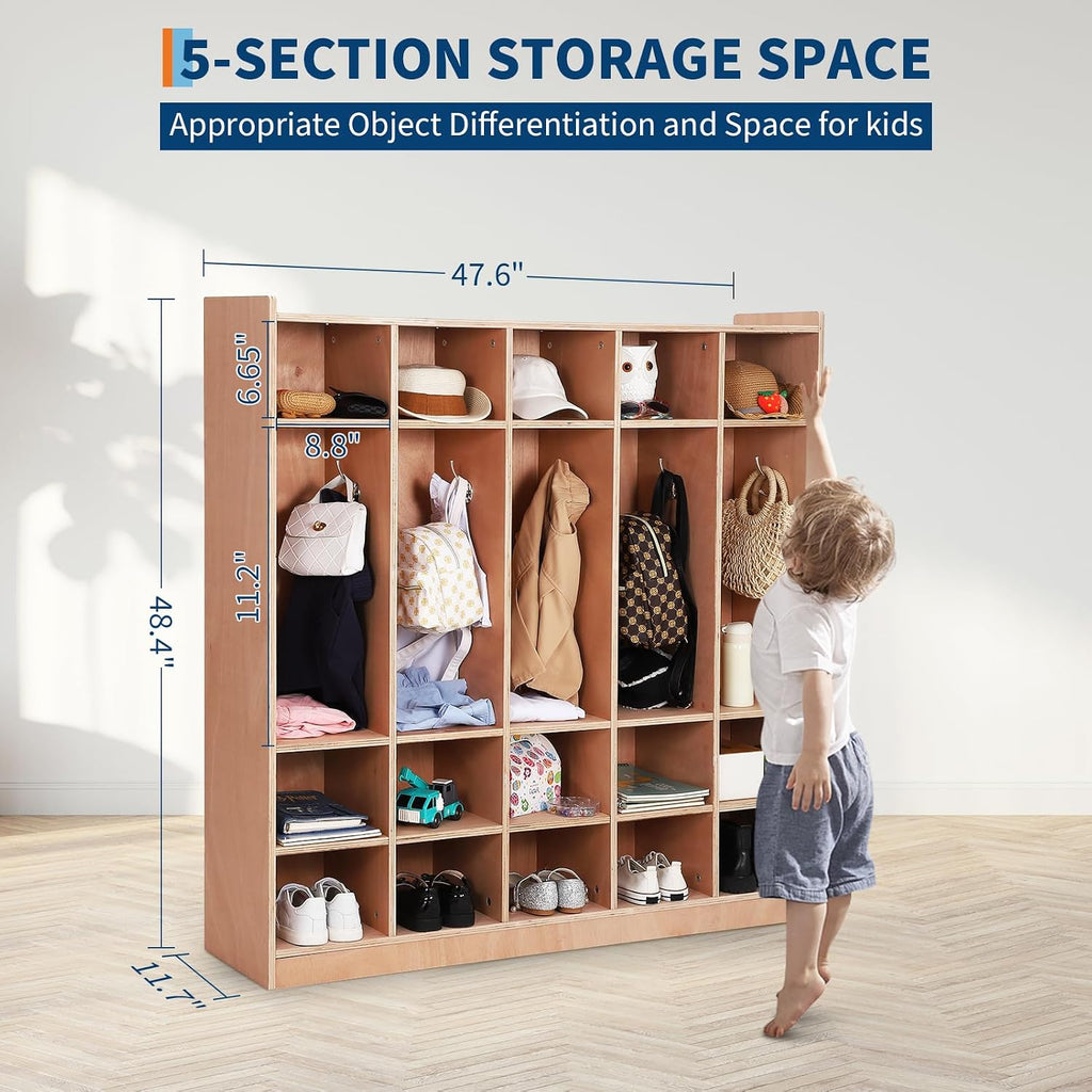 Garvee 5-Section Classroom Coat Locker, 15 Cubbies for Classrooms with Anti-tip Anchors, Daycare Cubby with 4 casters, 5 Hooks and 2 Storage Boxes, for Home/School/Kindergarten