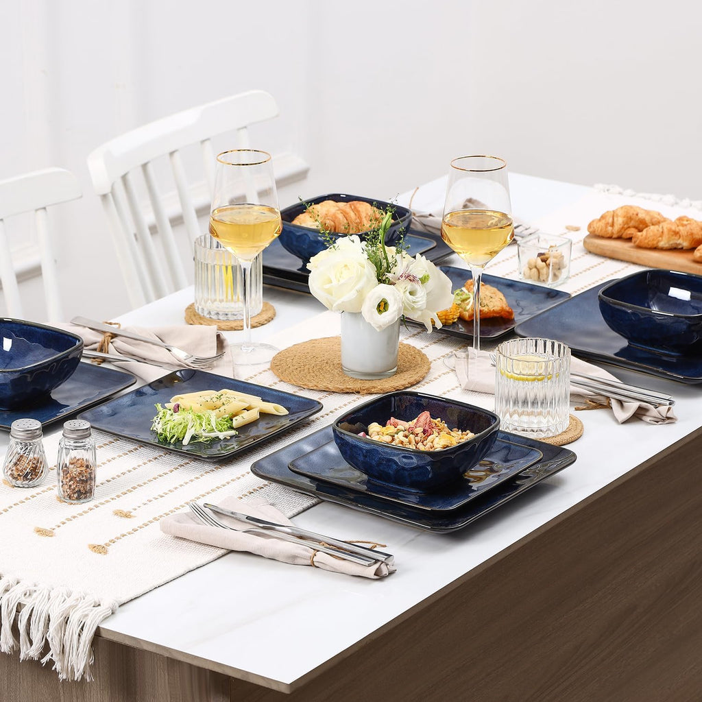 Vicrays Ceramic 18 Pieces Square Dinnerware Set - Dinner Plates Salad Plates Cereal Bowls Set Service for 6 - Scratch Resistant Microwave Oven Dishwasher Safe - Blue