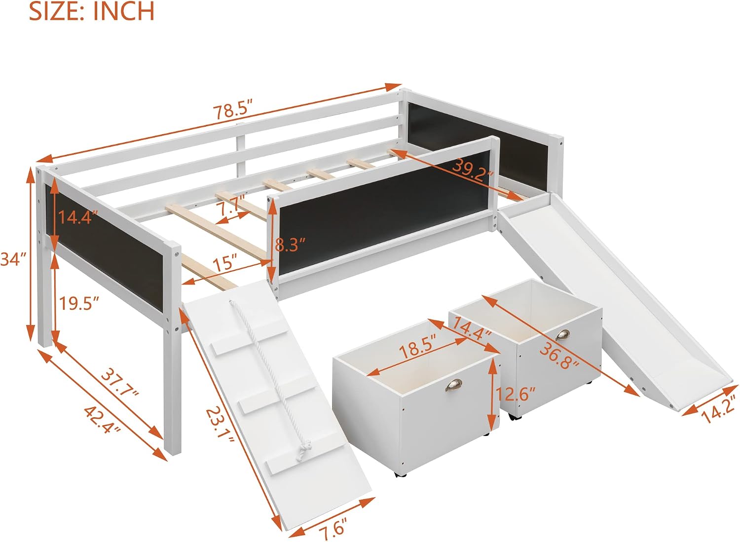 JIVOIT Twin Size Low Loft Bed with Climbing Frame & Rope, Wood Loft Bed Frame with Two Storage Boxes, Slide and Double-Sided Chalkboard, Pine Wood Bed Frame for Kids Teens (White+Rope)