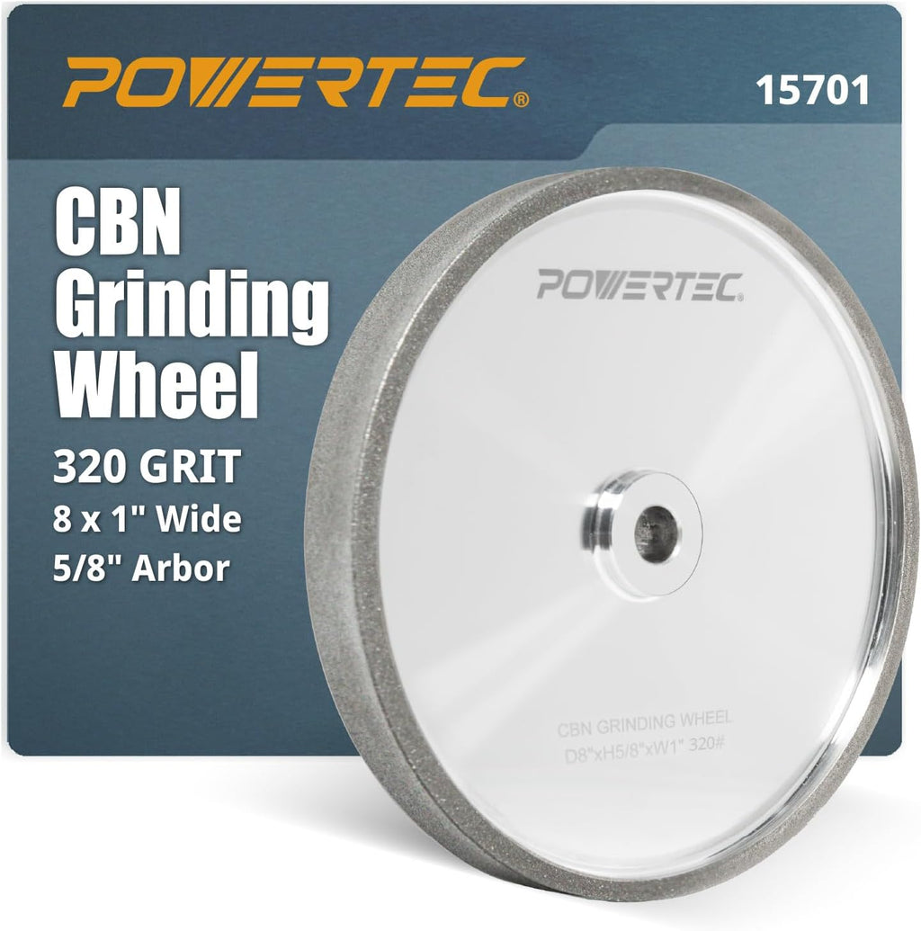 POWERTEC CBN Grinding Wheel 8 Inch 320 Grit, Bench Grinder Wheel for Sharpening HSS Tools, Lathe Tools & Chisel Set, 8' x 1' Wide, 5/8' Arbor Bench Grinder Wheels for Bench Grinder, 1 PK (15701)