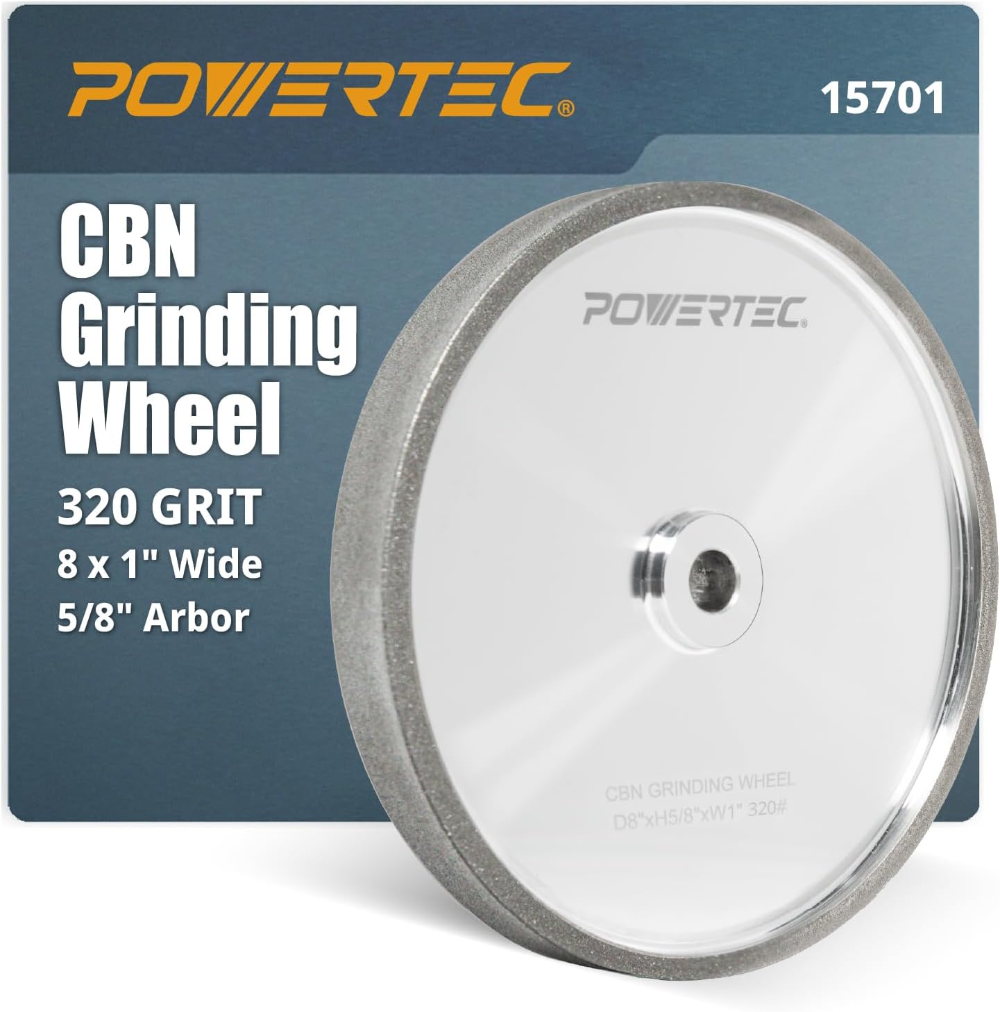 POWERTEC CBN Grinding Wheel 8 Inch 320 Grit, Bench Grinder Wheel for Sharpening HSS Tools, Lathe Tools & Chisel Set, 8' x 1' Wide, 5/8' Arbor Bench Grinder Wheels for Bench Grinder, 1 PK (15701)