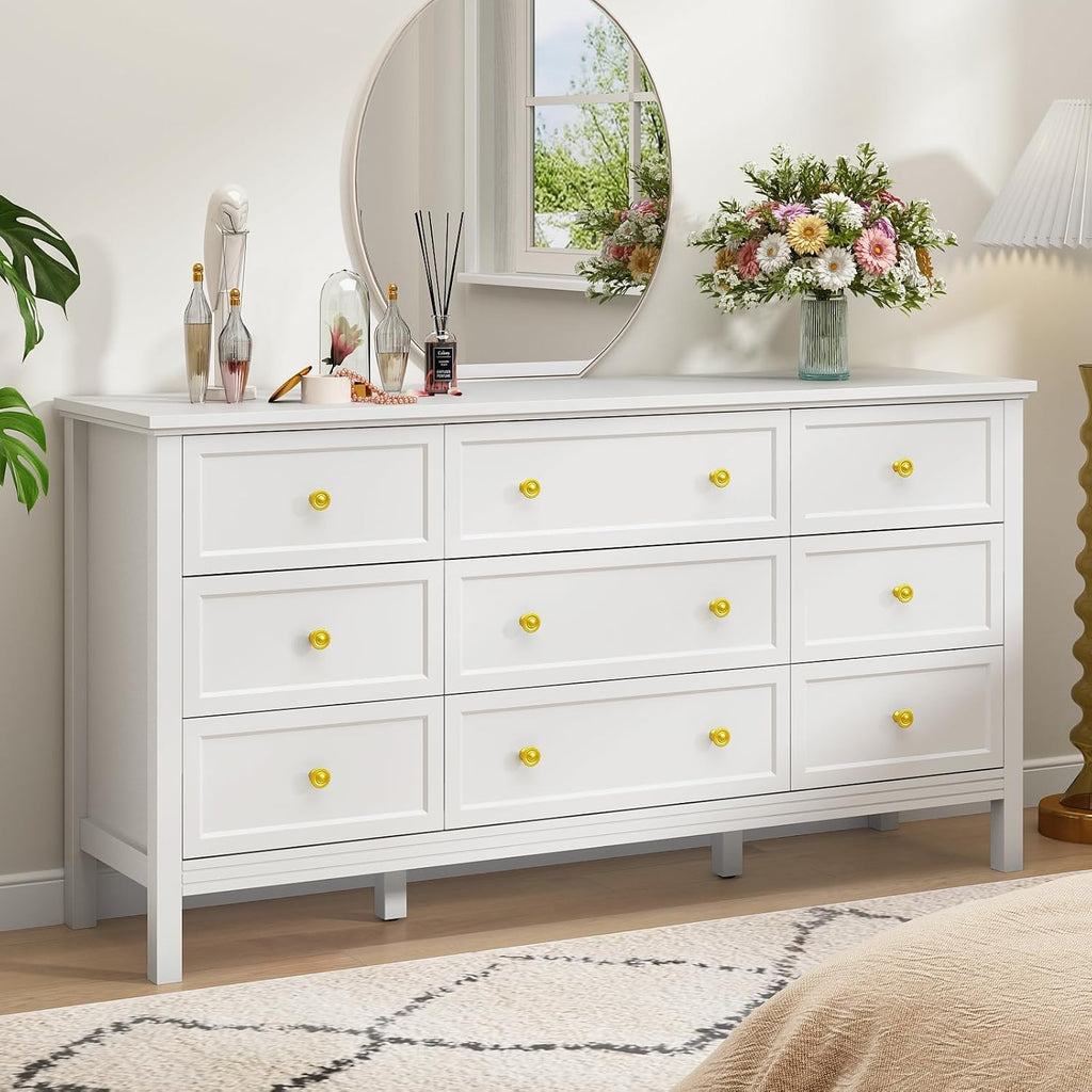 CARPETNAL 9 Drawer White Dresser for Bedroom with Deep Drawers, Large Dressers & Chest of Drawers With Gold Handle, Modern Long Dressers for Closet Bedroom, Living Room (59.25' W x 15.75' D x 30.9' H)
