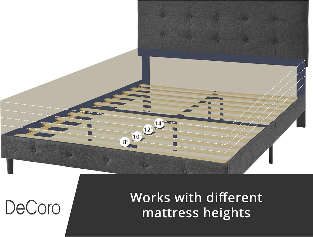 Decoro Cambridge Upholstered Wooden Platform Bed Frame, Queen Size, Dark Grey