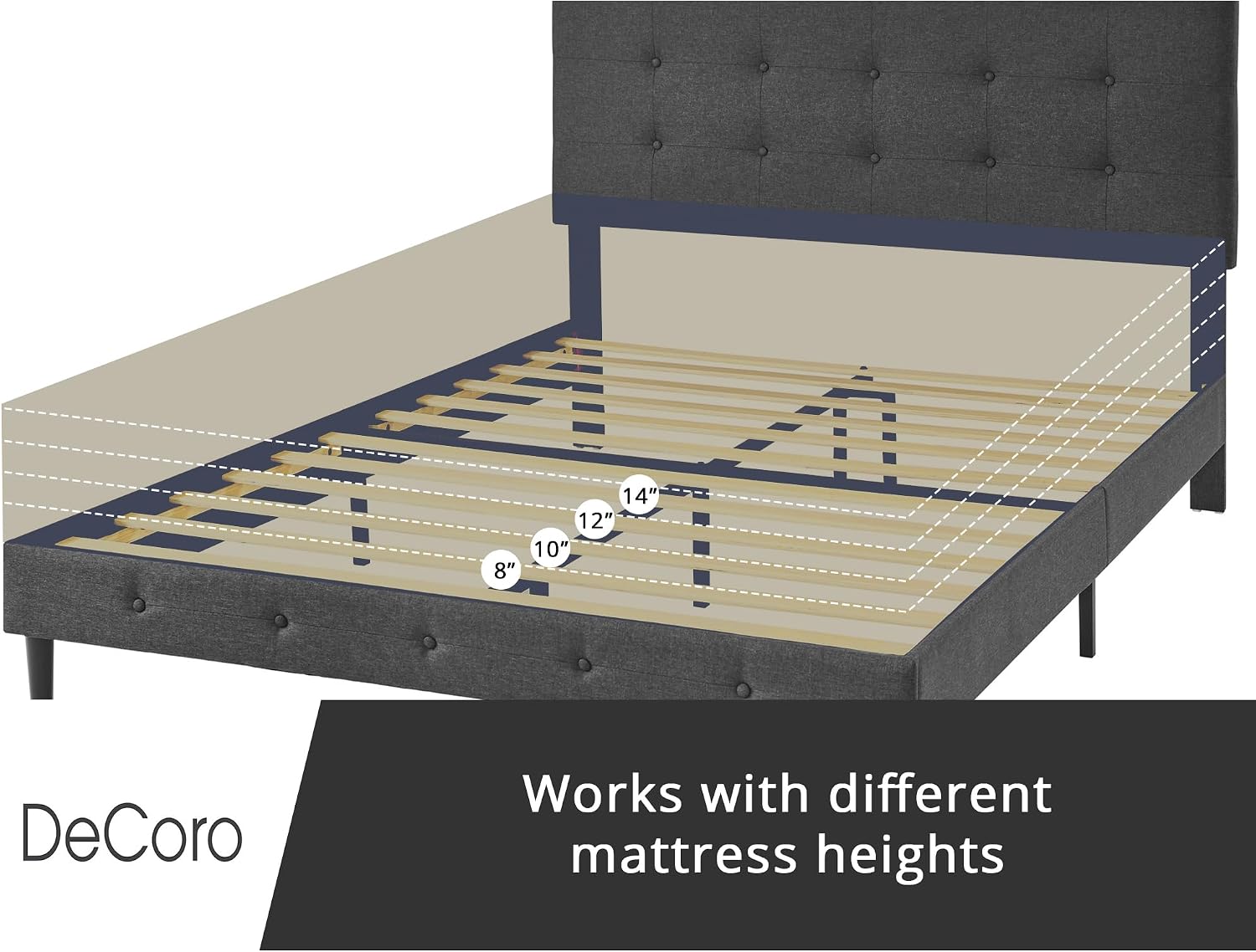 Decoro Cambridge Upholstered Wooden Platform Bed Frame, Queen Size, Dark Grey