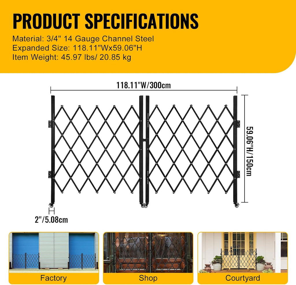 Folding Security Gate Stainless Steel Folding Door Gate Driveway Gate Flexible Expanding Fence Gate Retractable Fence Outdoor Barricade Scissor Gate with Casters (118.11'Wx59.06'H)