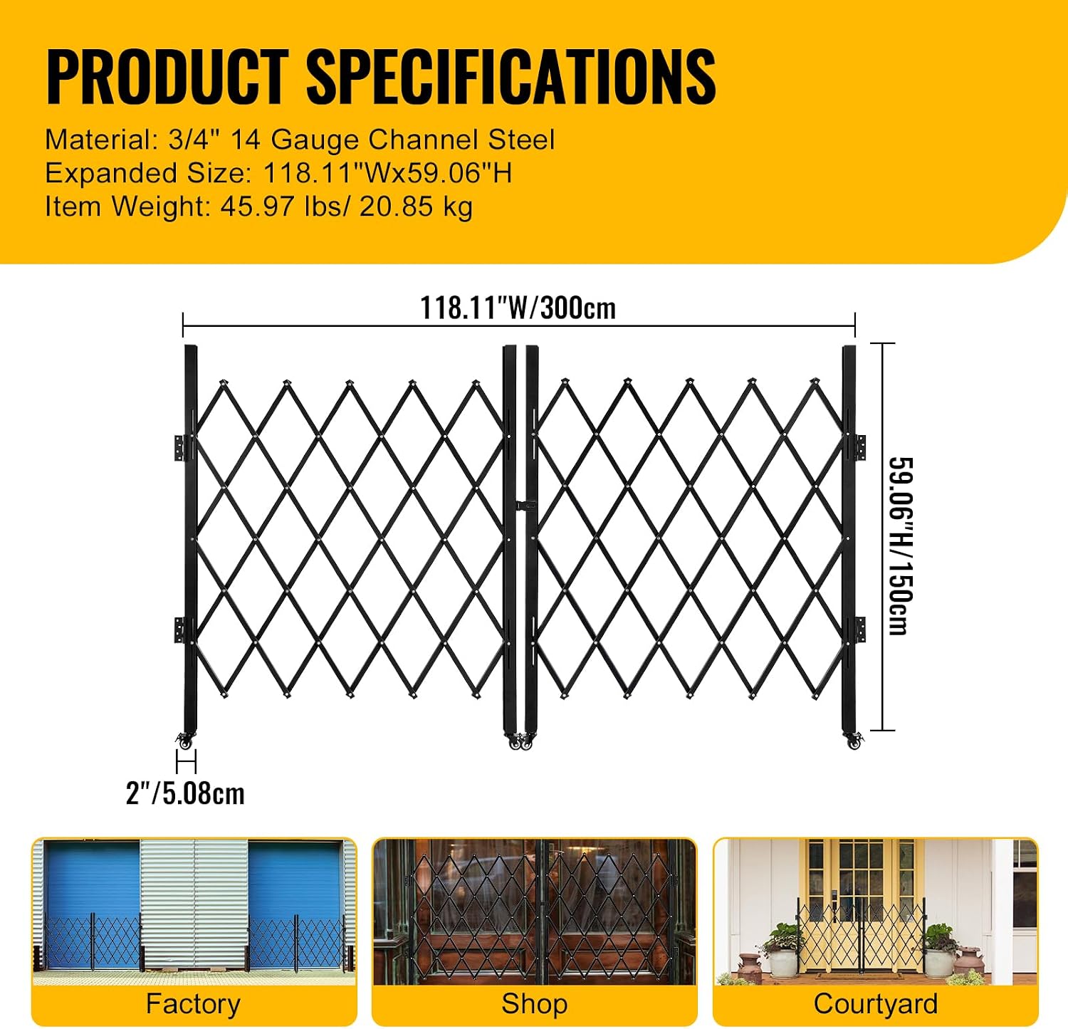 Folding Security Gate Stainless Steel Folding Door Gate Driveway Gate Flexible Expanding Fence Gate Retractable Fence Outdoor Barricade Scissor Gate with Casters (118.11'Wx59.06'H)
