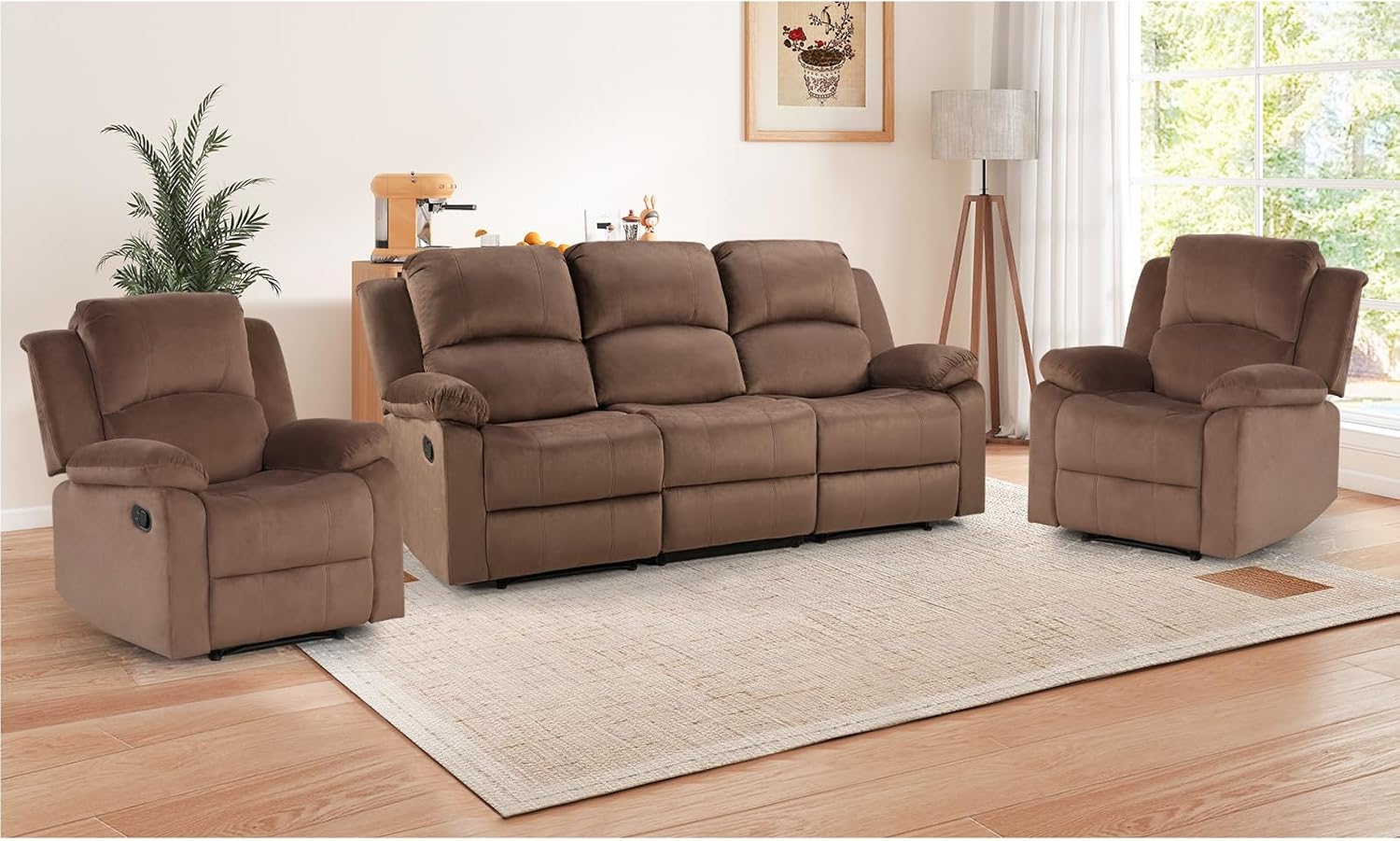 EBELLO Manual Recliner Sofa Set, Modern Microfiber Reclining Couch Furniture Set for Living Room, Includes 2 Recliner Chair and 1 3-Seater Reclining Couch for Home Theater and Office, Brown