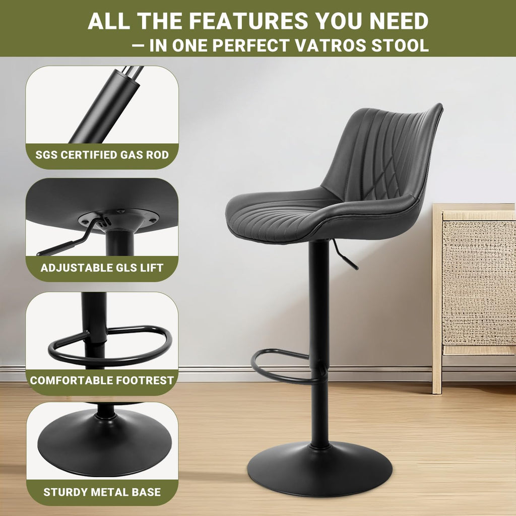 Swivel Bar Stools Set of 4, Height Adjustable Counter Height Bar Stools with Open Back and Footrest, Premium Faux PU Leather, Modern Upholstered Bar Chairs for Kitchen Island/Bar/Counter, Black