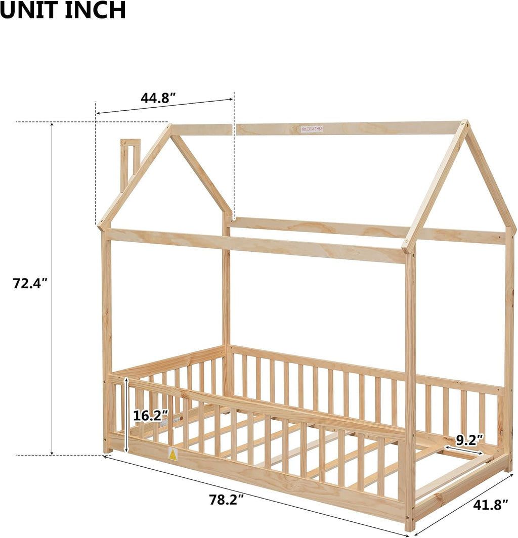 Twin Floor Bed with Slats, Twin Floor Bed for Children, Wooden Montessori Bed with Fence, House Bed for Boys Girls Bedroom - Natural