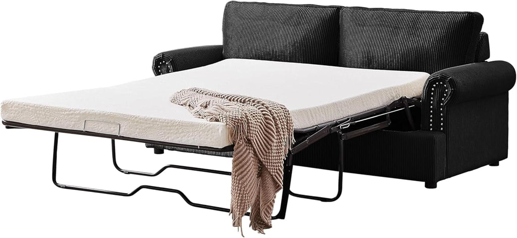 Reversible Sleeper Sofa Bed with Comfortable Memory Foam Mattress, Convertible Corduroy Full Size Pull Out Couch for Living Room, Space Saving Furniture, 76' Wide, Rounded Arms, Black