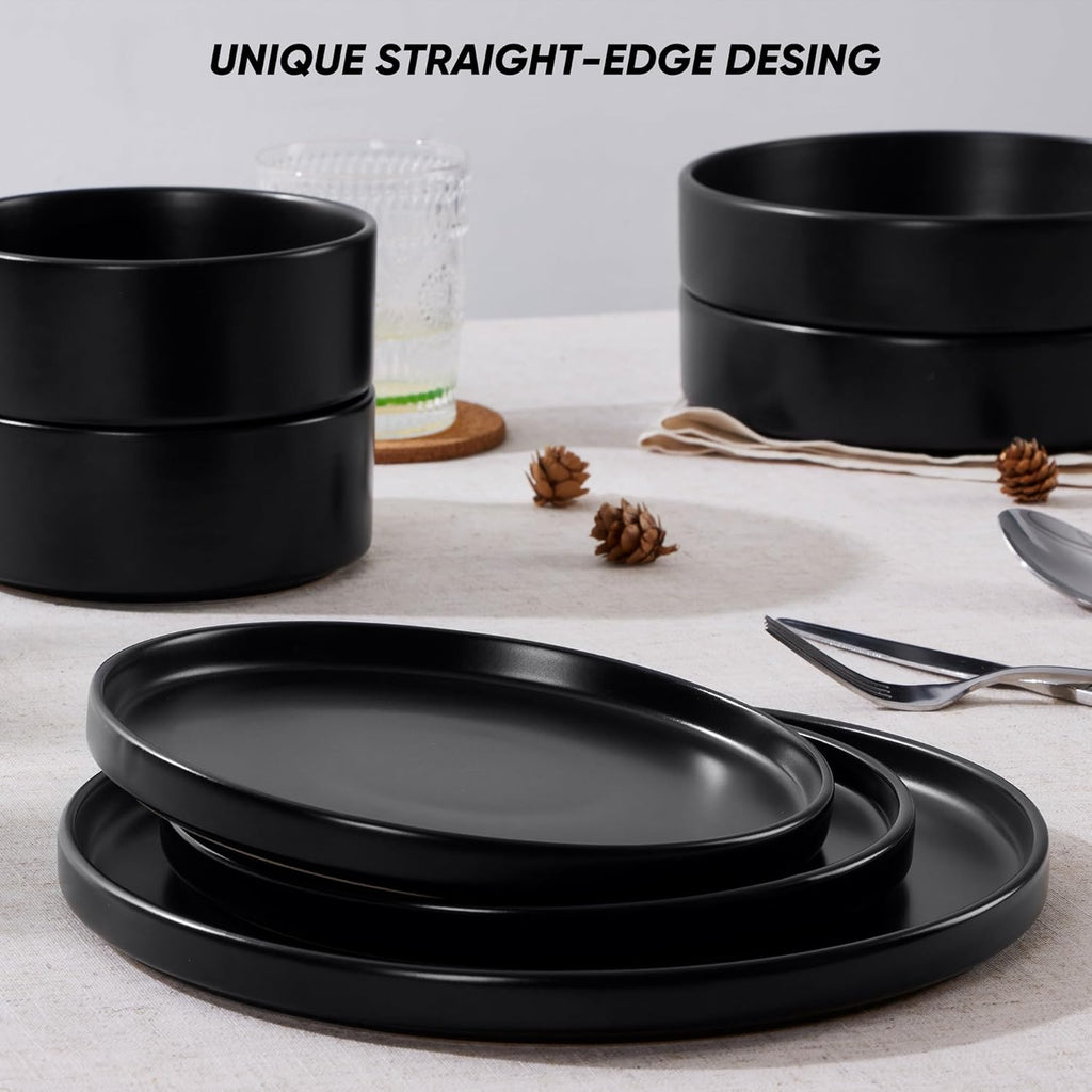 E-far Black Dinnerware Sets with Pasta Bowls, 24-Piece Stoneware Plates and Bowls Sets for 6 | Microwave & Dishwasher Safe Kitchen Modern Dish Set, Matte Black