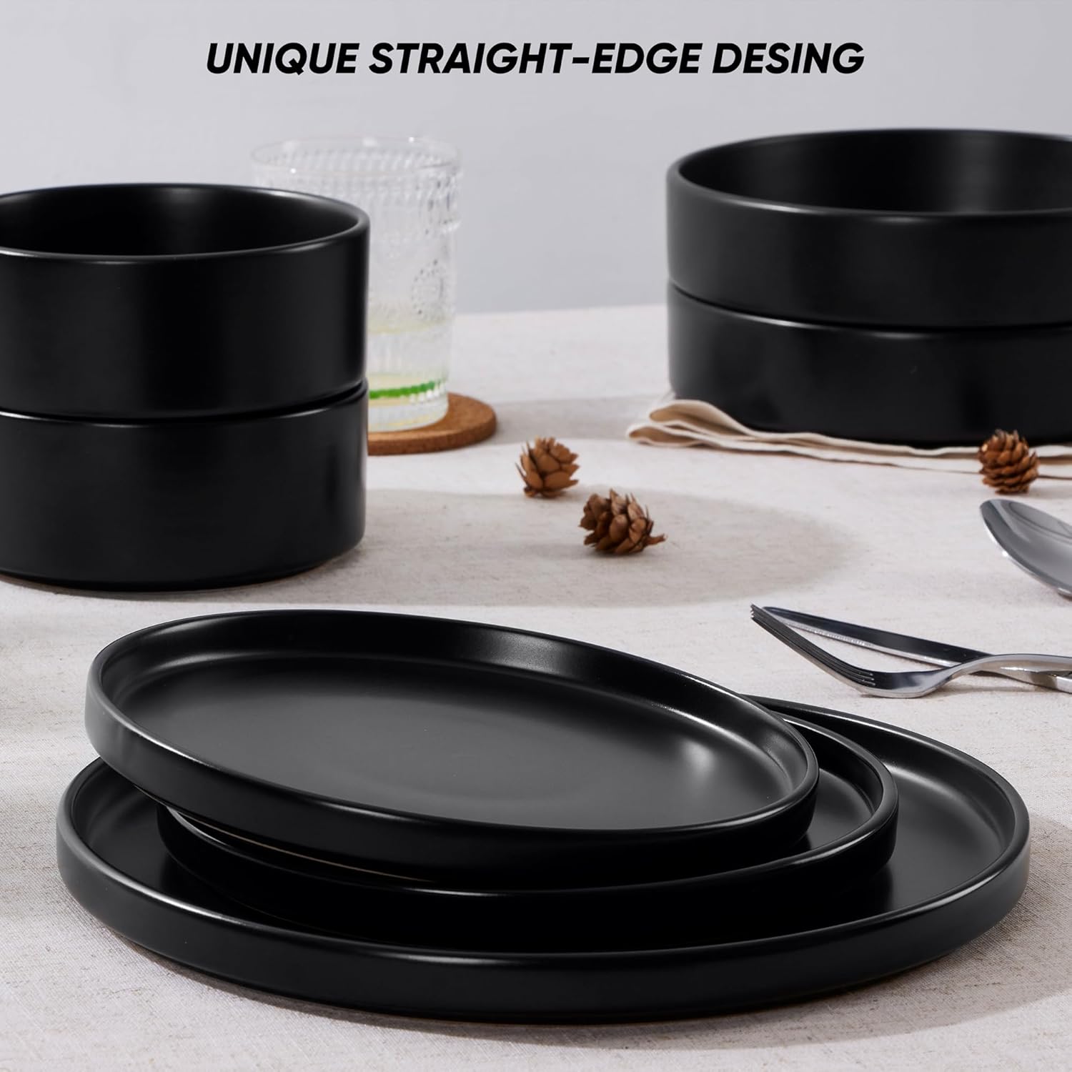 E-far Black Dinnerware Sets with Pasta Bowls, 24-Piece Stoneware Plates and Bowls Sets for 6 | Microwave & Dishwasher Safe Kitchen Modern Dish Set, Matte Black