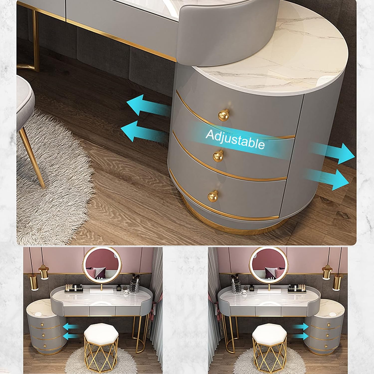 Dressing Table Makeup Vanity Table, with Adjustable LED Mirror 3 Color Lighting, Round Vanity Desk Bedside Table and Cushioned Stool Set, Bedroom Furniture Decor(White B-120cm/47.2in)