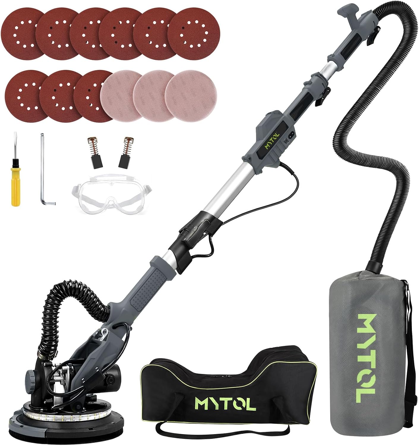 MYTOL Drywall Sander, 7.2A Electric Drywall Sander with Vacuum Dust Collection, 6 Variable Speed 900-1800RPM, LED Light, Foldable & Extendable Handle, 9 Pcs Sandpaper&3 Pcs Grid Sandpaper, Full Green
